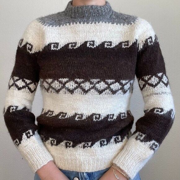 Vintage Hand Knit Neutral Brown Alpaca Geometric Crewneck Retro Sweater Sz M - Picture 2 of 9